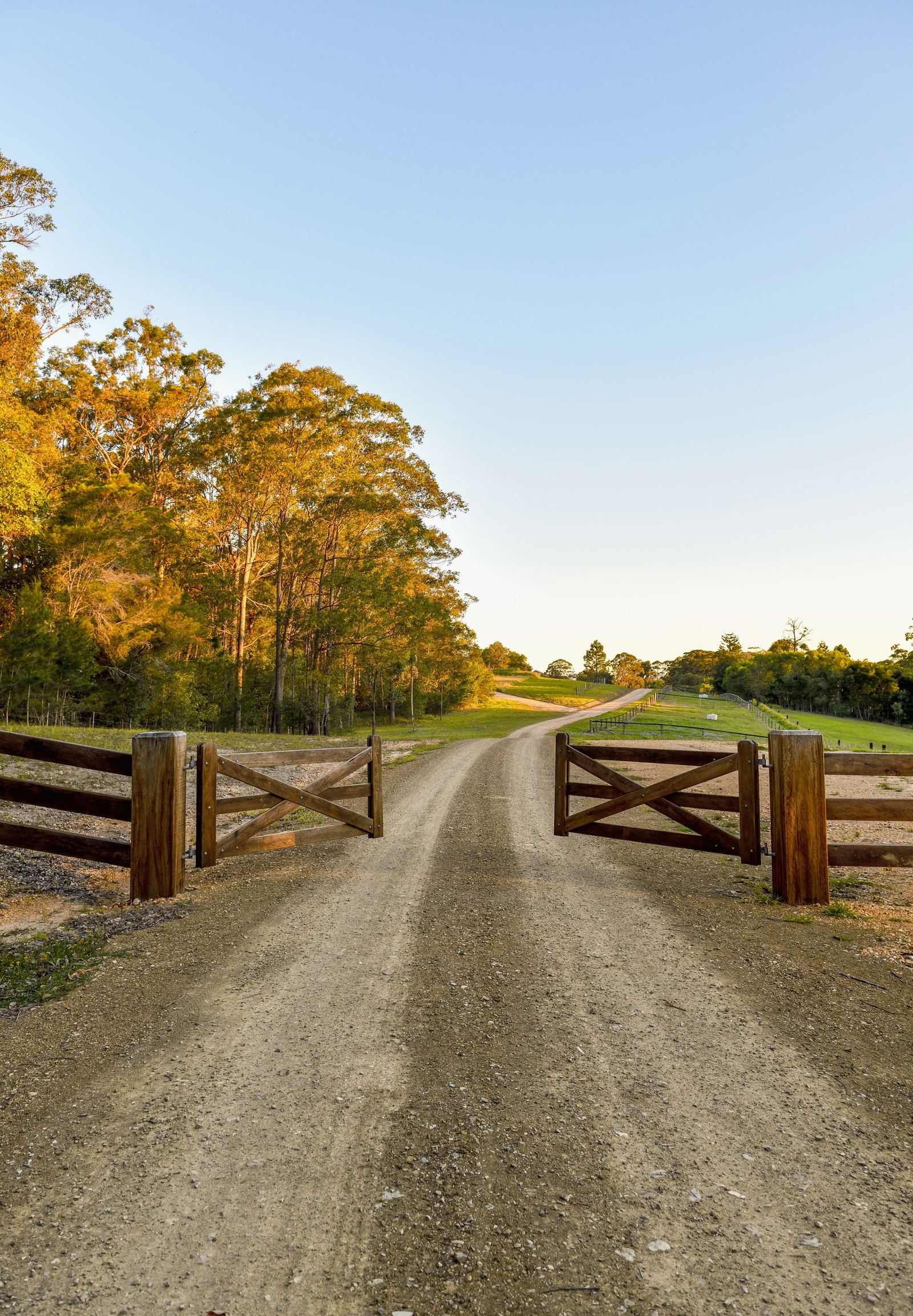 Gravel drive running away from open timber gates toward trees